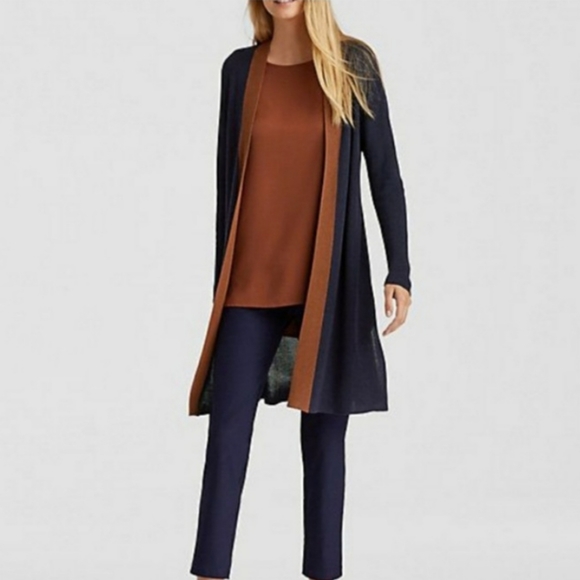 Eileen Fisher Slit Side Tencel/Silk-Blend Long Cardigan - Navy Blue/Brown - Picture 15 of 16